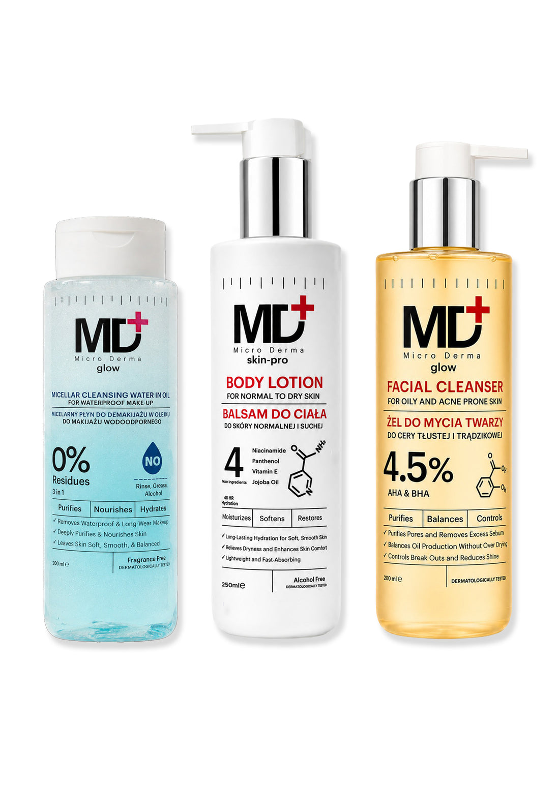 MD+ Summer Starter Set ( Oily facial cleanser+ water in oil micellar +body lotion )